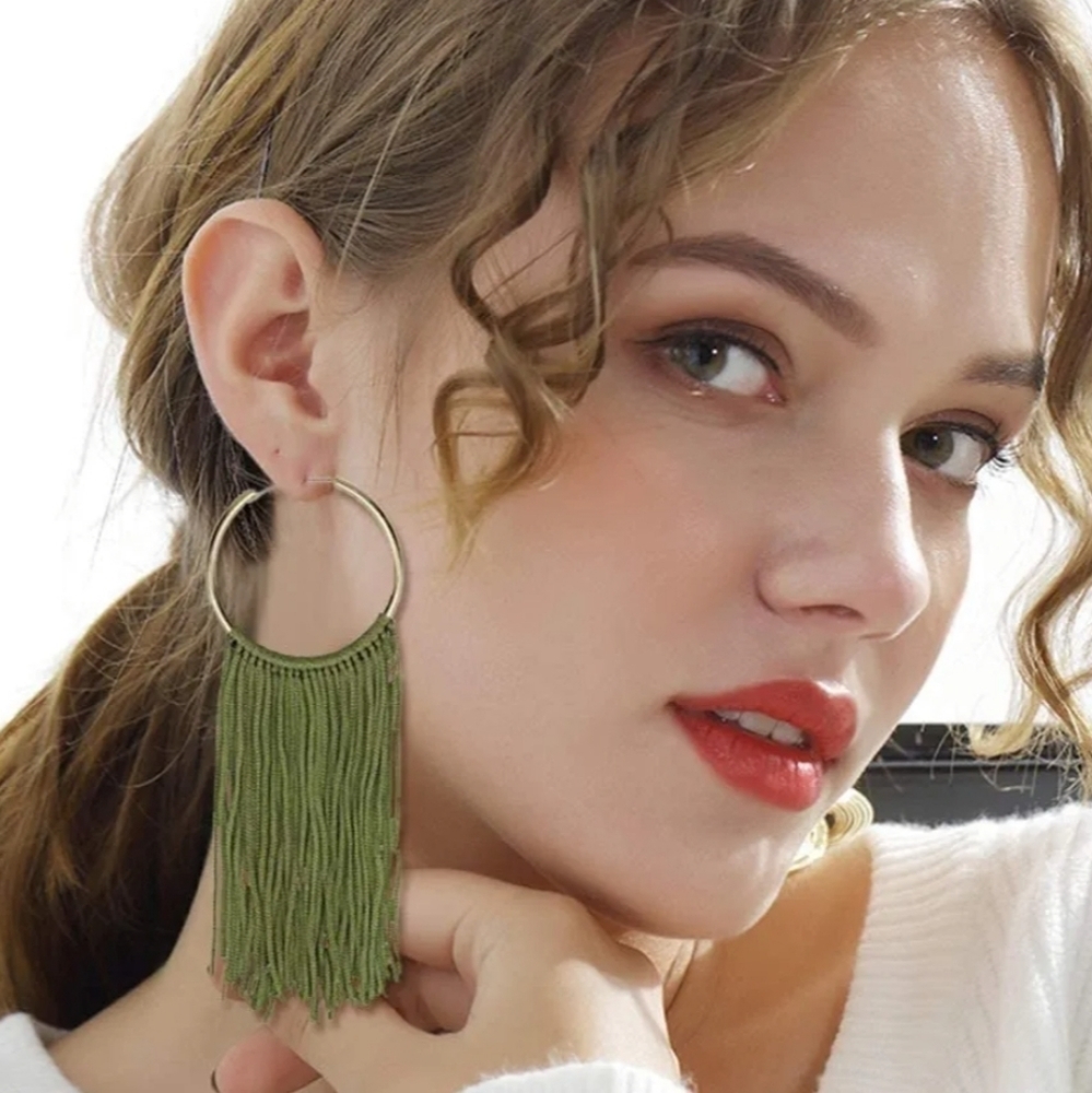 Olive Green Fringe Boho Tassel Hoops - Gold Statement Earrings